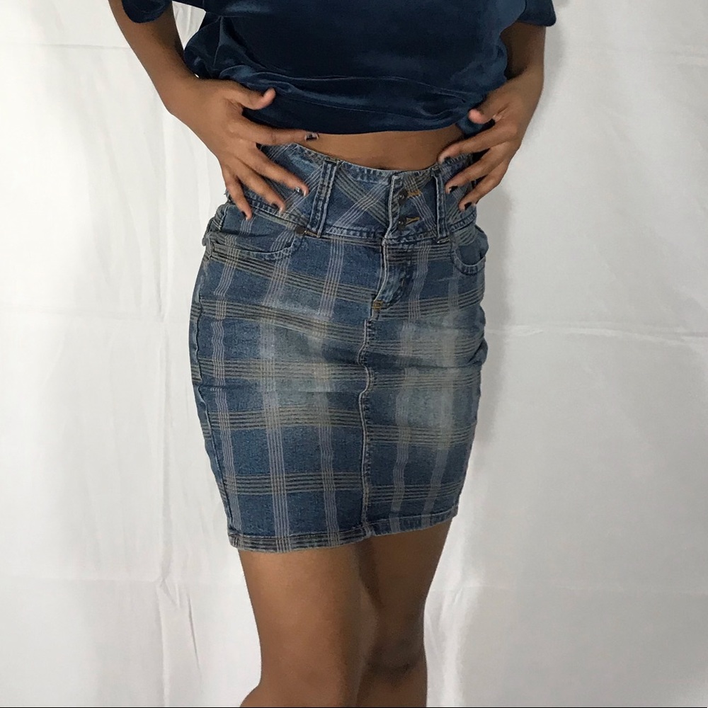 Vintage Plaid Denim Skirt